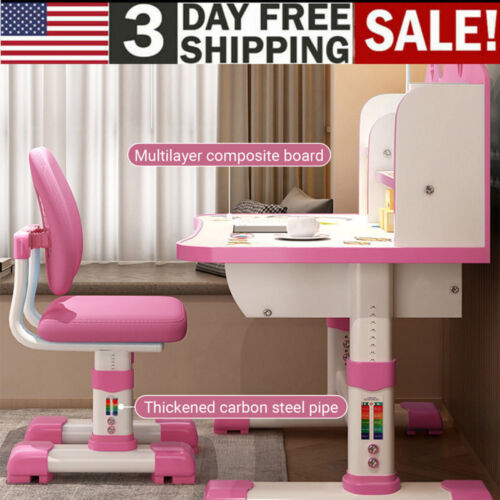 Height Adjustable Kids Study Desk Chair Set Children Table with Drawer Pink New