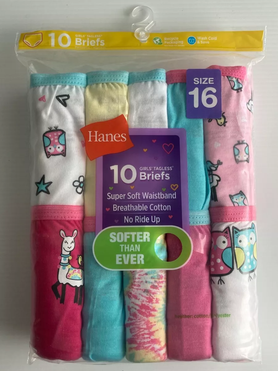 Hanes Girls Tagless 100% Cotton Briefs Breathable 10 Pack Underwear Size 16  NEW