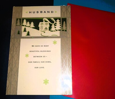 Hallmark Die Cut 3-D House Trees Scene For Husband Christmas Card & Envelope