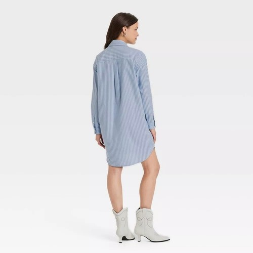 Universal Thread Long Sleeve Mini Shirt Dress Blue Striped Preppy Beach Size M - 第 2/4 張圖片