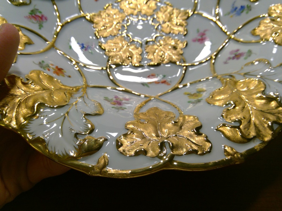 Vintage Meissen Gold Leaves and Hand Painted Flowers 10 3/4 Vintage Meissen Gold Leaves and Hand Painted Flowers 10 3/4
