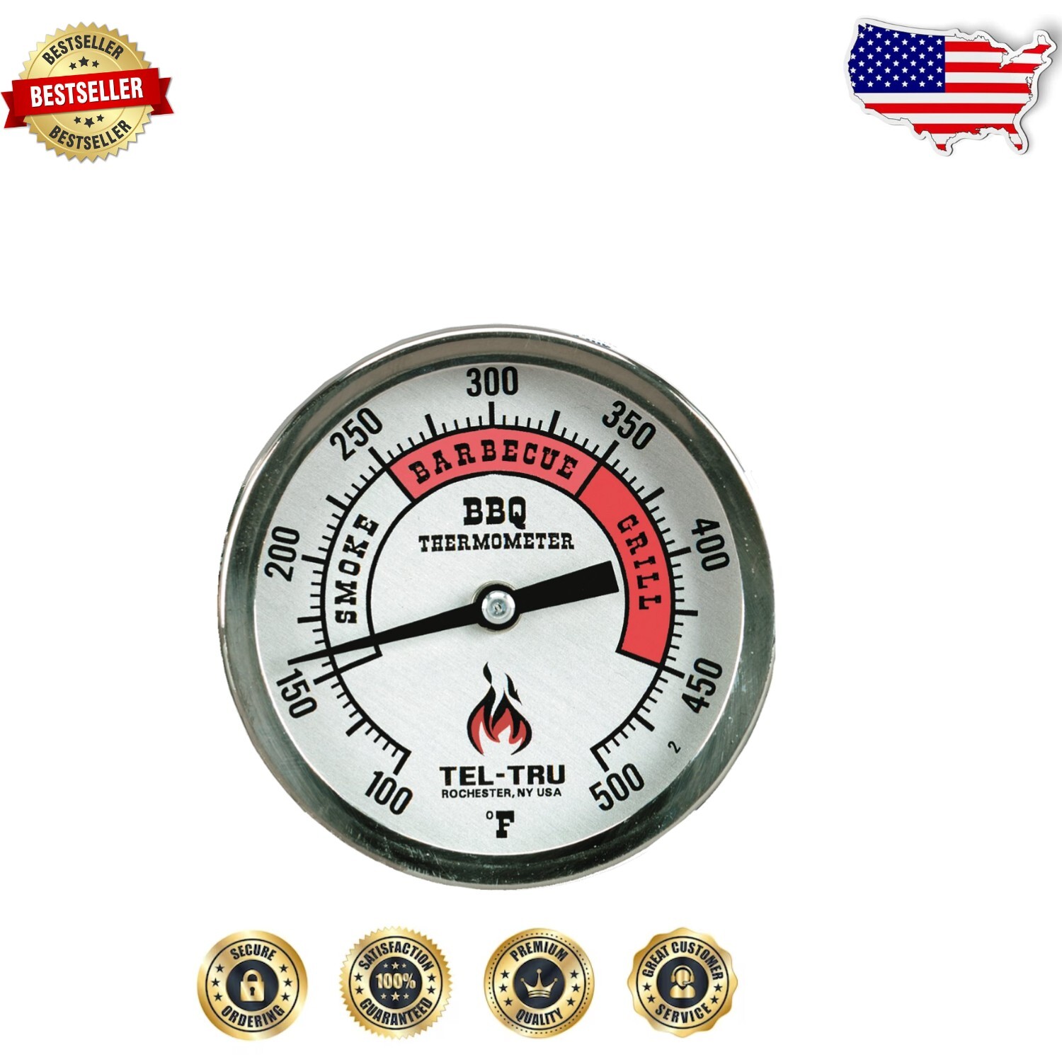 Stainless Steel Grill Thermometer: 100-500°F with Anodized Aluminum Dial