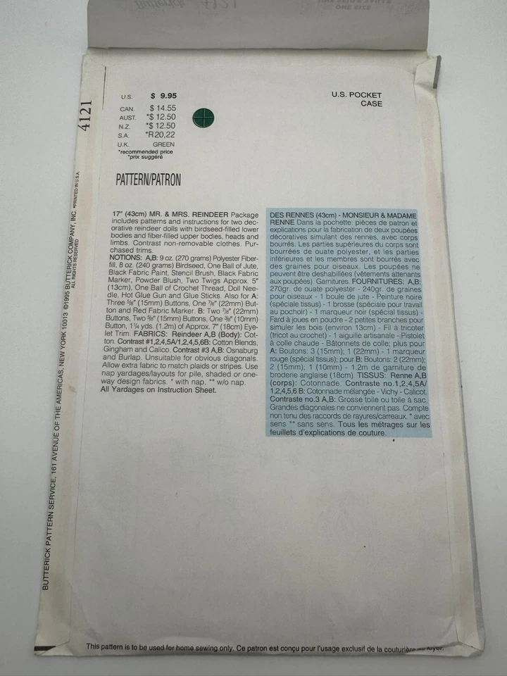 Uncut Butterick 17" Stuffed Mr. & Mrs. Christmas Reindeer w/Clothes Pattern 4121 - Image 2 of 2