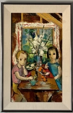 CHARMING ANTIQUE MODERN ABSTRACT BOY GIRL KIDS IMPRESSIONIST OIL PAINTING OLD 60