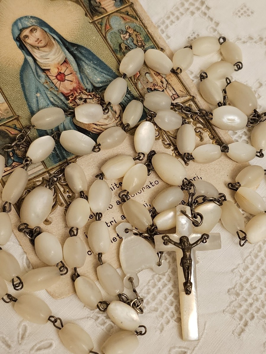 Antique Victorian Catholic Rosary Hand Carved Mother of Pearl