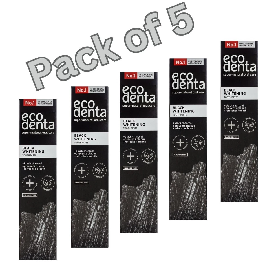 5 x EcoDenta Charcoal Toothpaste, Whitening Toothpaste I Fluoride Free, 100ml.