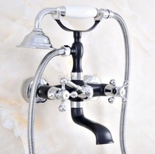 Black Chrome Brass Wall Mount Bathroom Clawfoot Bath Tub Faucet w/ Hand Shower