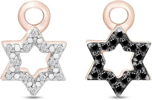 1/10ct Real Black & White Diamond Star Of David Rotating Hoop Earrings Sterling - Picture 2 of 10