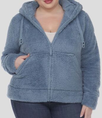 White Mark Women's Blue V-Neck Pocket Hooded Sherpa Jacket Plus Size 1XL