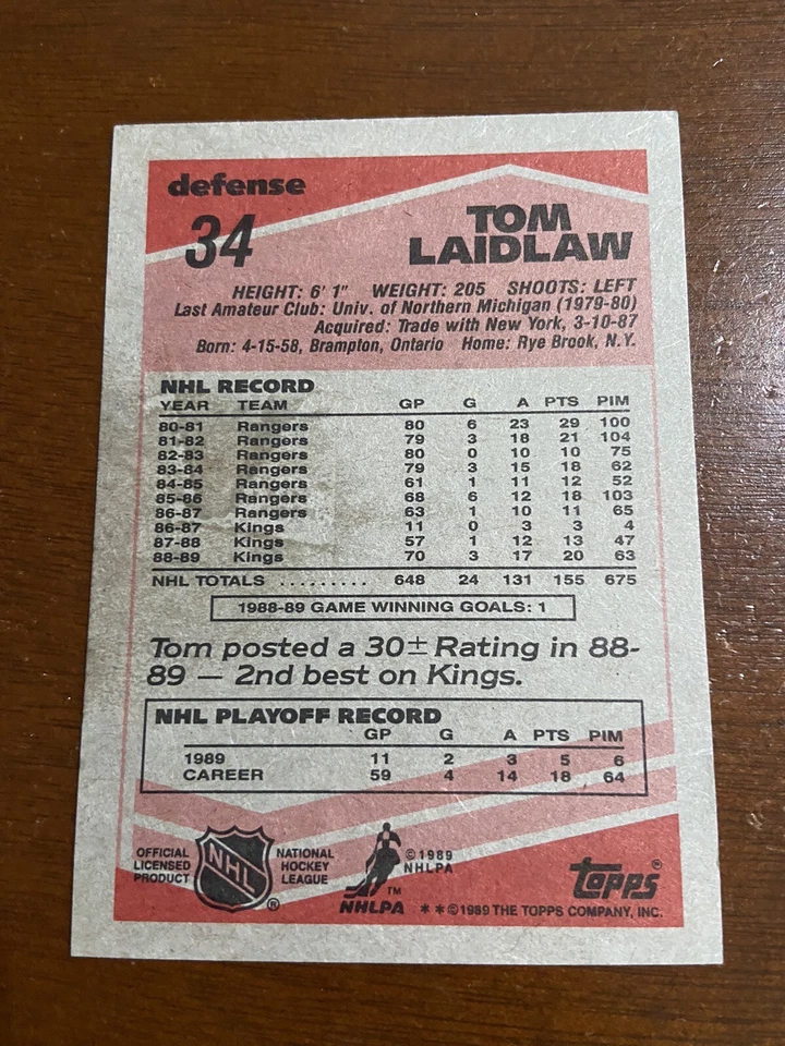 1989-90 Topps Tom Laidlaw Autographed Hockey Cards #34 Los Angeles Kings - Image 2 of 4