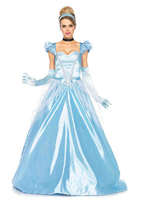 Cinderella Ladies 3 Pc Blue Satin Gown Ribbon Choker & Headband Costume Dress