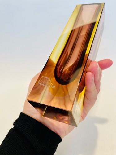 Vintage Oball Murano Sommerso Square Glass Vase Amber & Yellow 20cm - Picture 13 of 21
