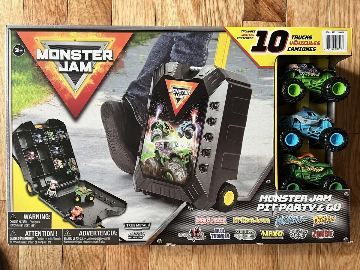 Monster Jam Pit Party & Go 1:64 With Carrying Case & 10 Trucks New