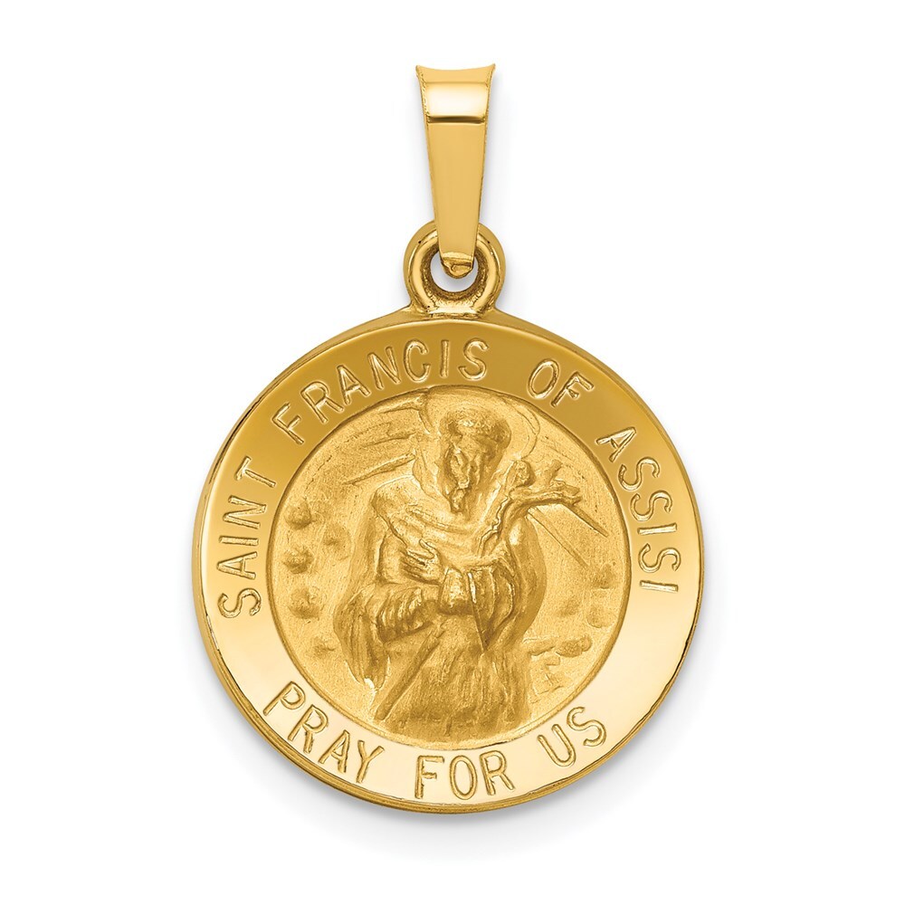 14K Yellow Gold Polished Satin St Francis of Assisi Medal Hollow