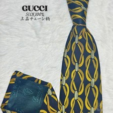 Gucci Silk Chain Pattern Tie Navy Gold Unused