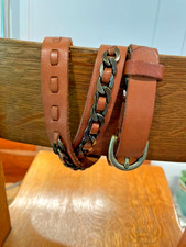 Fossil 3/4" Wide Tan Belt Chains Weaving Size S Golden Buckle NICE 