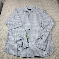 David Donahue Shirt Mens 16.5 L Blue Plaid Fusion Cotton Dress Long Sleeve