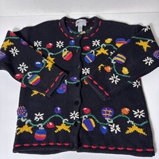 Northern Isles Cardigan Sweater Small String Lights Christmas Hand Knit VTG