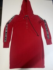 Tommy Hilfiger Hooded Sweatshirt Dress Red Logo Tape Quarter Zip Women’s M