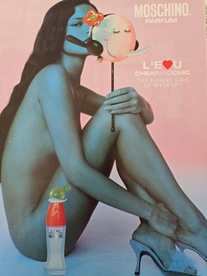 2002 Moschino Cheap and Chic Perfume Brunette long hair legs Vintage ad