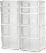 2-Pack Drawer Tower 5-Tier Clear Plastic Storage Organizer Unit White Frame