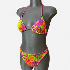 Vtg 90s St Tropez String Bikini Swimsuit Neon Abstract Sz 11/12 Triangle Tie