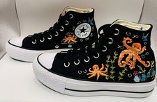 Custom Hand Embroidered Converse High Tops Ocean Octopus Design Free Shipping