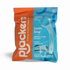 PLACKERS Twin-Line Dental Floss Flossers Cool Mint 150 Count Pack Resealable Bag