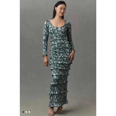 V. Chapman Lanie Long Sleeve Scoop Neck Ruched Ruffled Satin Maxi Dress NWT 4