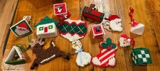 Lot of 14 Handmade Christmas Ornaments Plastic Canvas Vintage Needlepoint Santa 