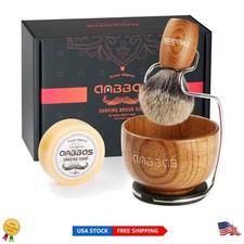 Complete Badger Hair Shaving Kit: Wood Handle, Stand  3.5 oz Natural Soap