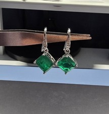 New Square Lab Created Green Emerald Women Hook Earrings 925 Sterling Silver