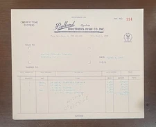 Ballard Brothers Fish & Oyster Co Belle Haven Willis Wharf, VA Billhead Receipt