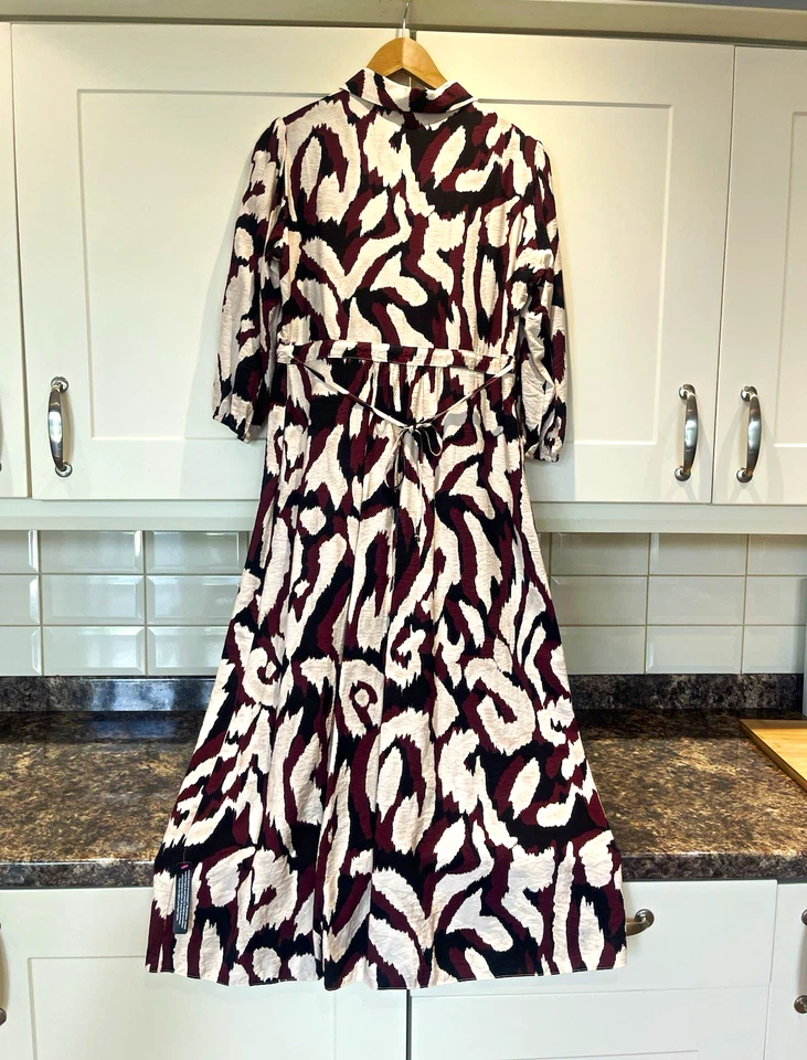 New Look Burgundy/Cream/Black Abstract Collared Belted Midi Dress Size 14 - Image 1 of 4