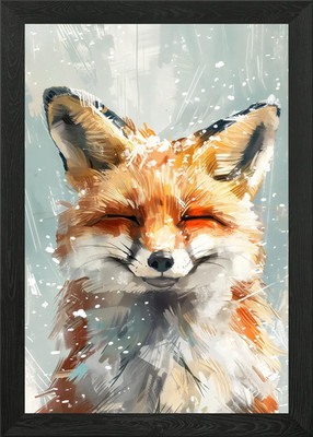 Happy Winter Fox Snow Framed Wall Art Poster Canvas Print Picture