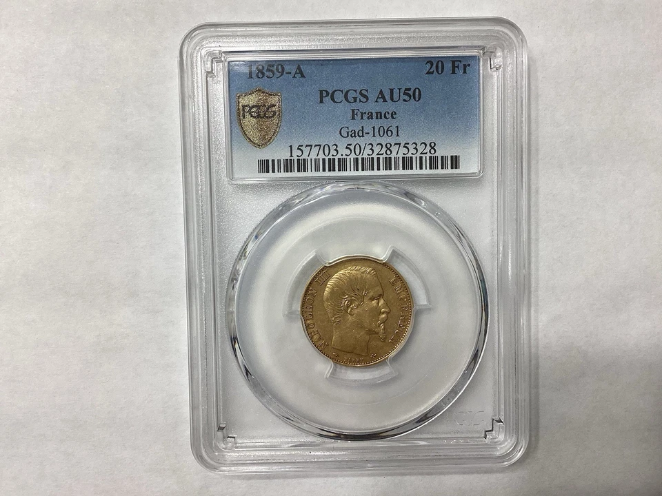 1859 A Francia Oro 20 Francos PCGS AU50 Foto 2 de 3