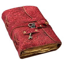 Embossed Leather Journal with Antique Key Vintage Pages Handmade 8x6 Inch Red