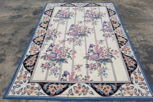 Vintage French Floral Needlepoint Handmade Multicolor Rug Wool Carpet 255x173 cm