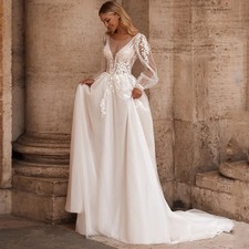 Romantic Wedding Dresses Puff Sleeves V Neck Applique Train A Line Bridal Gowns