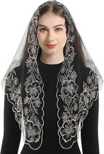 Triangle Lace Church Veil - Traditional Black Gold Holy Family Embroidered La...