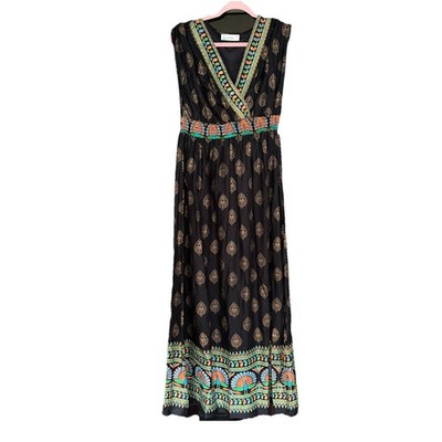 Lapogee Womens Black Gold Peacock V Neck Maxi Dress Med Pockets Sleeveless Long