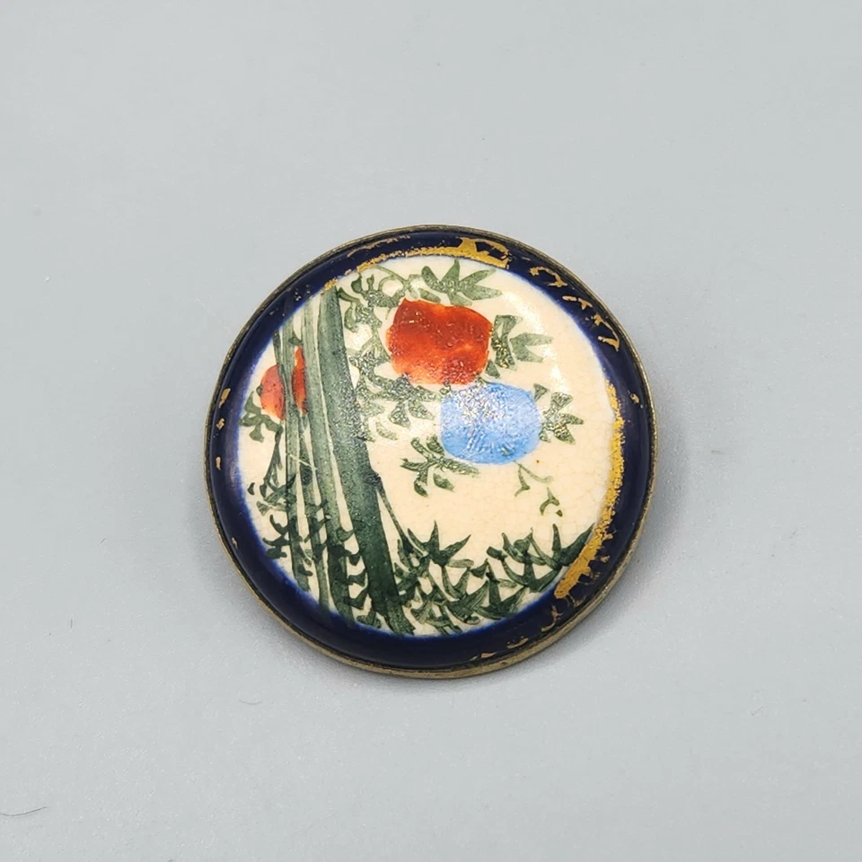 Antique Japan Satsuma Meiji Hand Painted Bamboo Scene Porcelain Button Brooch - Image 4 of 4