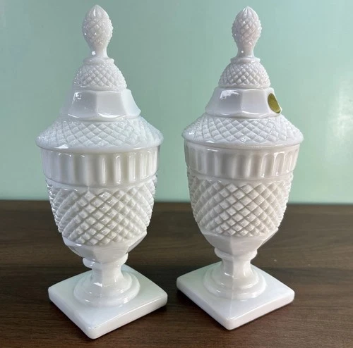 VTG Set Westmoreland Hobnail Apothecary Jar Candy Dish White Milk Glass Footed