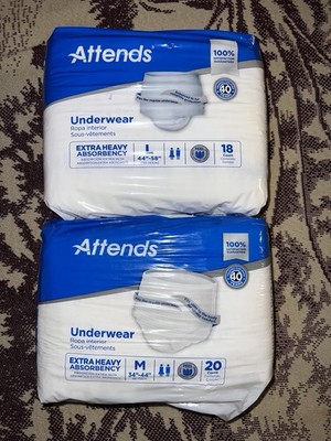 Lot Of 2 Attends Adult Underwear 1 Large 44 -58  18 Ct And 1 Medium 34 -44  20 C