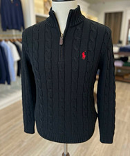 Polo Ralph Lauren Talla Mediana Para Hombre Negro Algodón Tejido con Cable 1/4 Cremallera Cuello Simulado