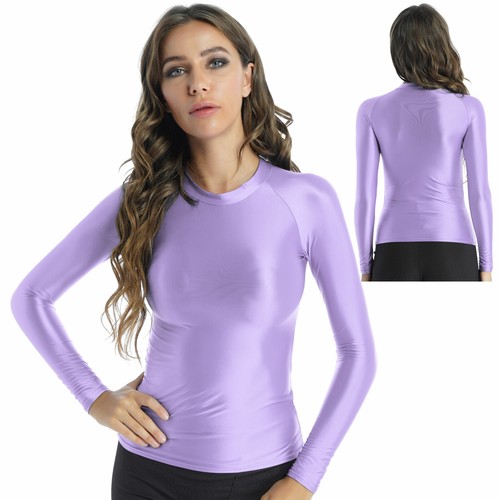 Women's Shiny Shirts Long Sleeve Crop Top Stretchy Slim Fit Yoga T-shirt Blouse - Picture 44 of 101