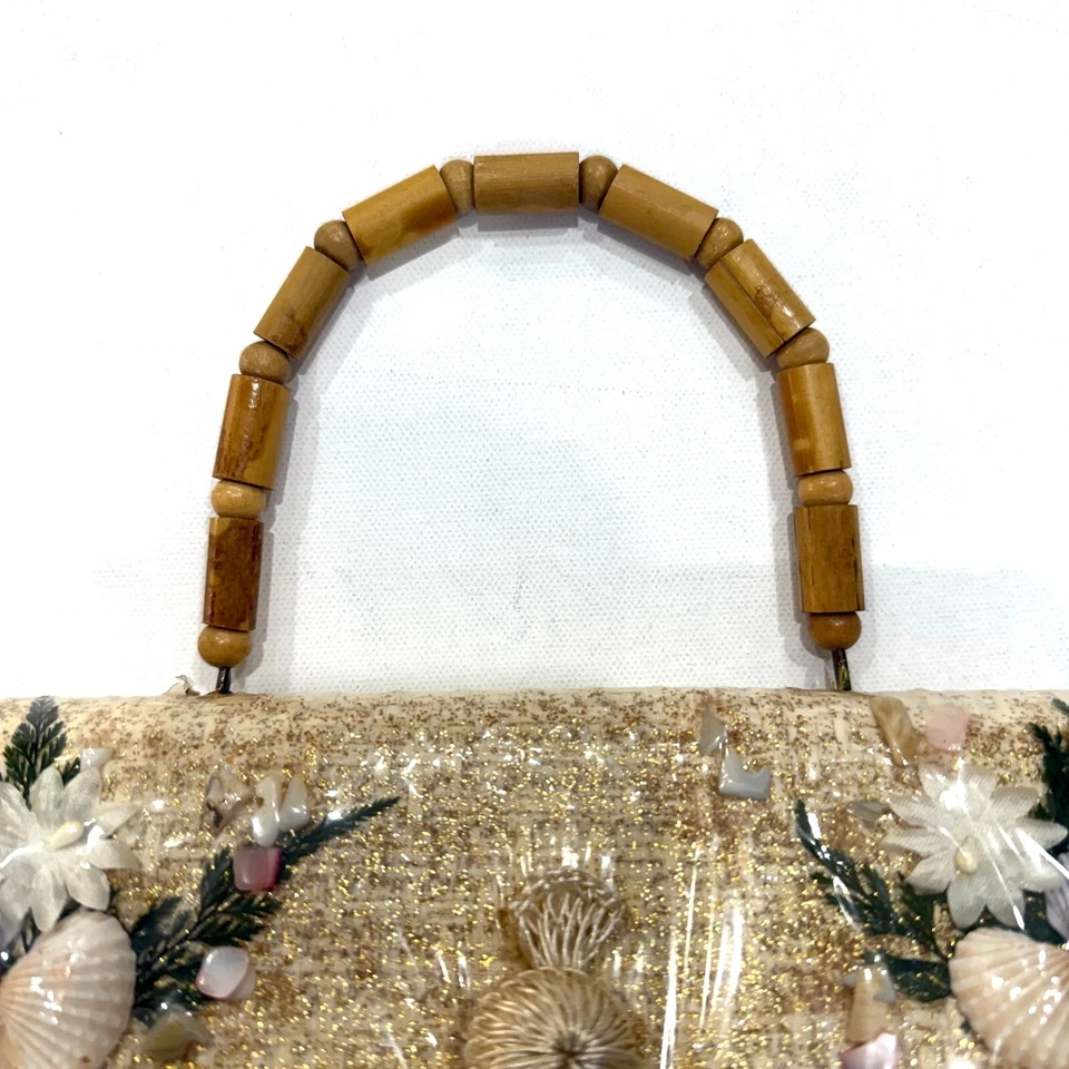 Vtg Cottagecore Purse Tweed Woven Seashell Boho Handbag Bamboo Beaded Boucle - Image 4 of 4