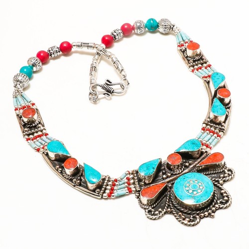925 Sterling Silver Turquoise Coral Gemstone Handmade Necklace Jewelry Size 18"
