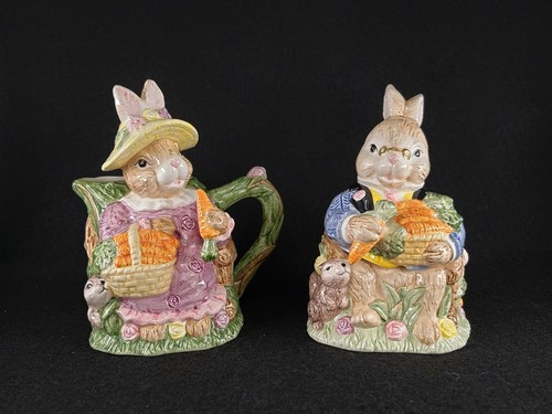 Vintage Fitz & Floyd Cream Pitcher and Covered Sugar Bowl Mama & Papa Rabbit - Picture 1 of 9