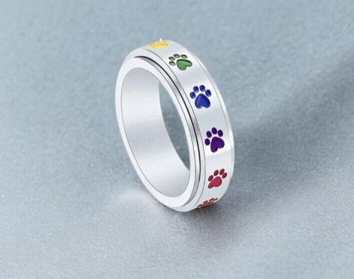 Size 8 Paw Print Spin Ring Silver Stainless Steal Stress Relief Pet Gifts
